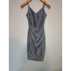 Kazo Womens Silver Glitter Metallic Bodycon Dress Draped Neck Party Cocktail